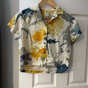 Jams World yellow blue floral peonies Hawaiian shirt size XS button front